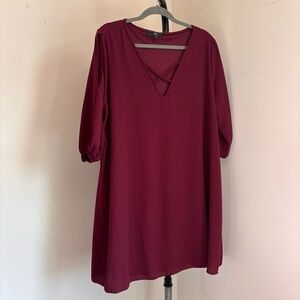 Vibe burgundy dress with cross front detail and balloon sleeves